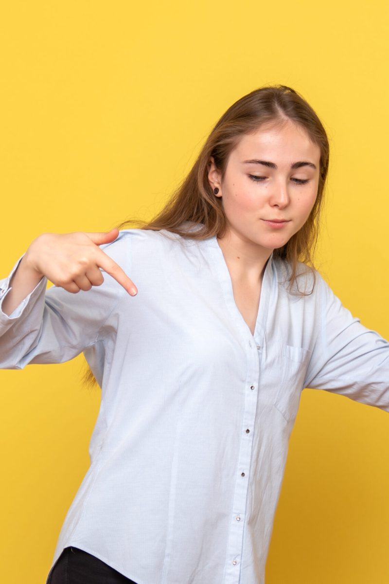 front view young female delighted on yellow background beauty model woman emotion